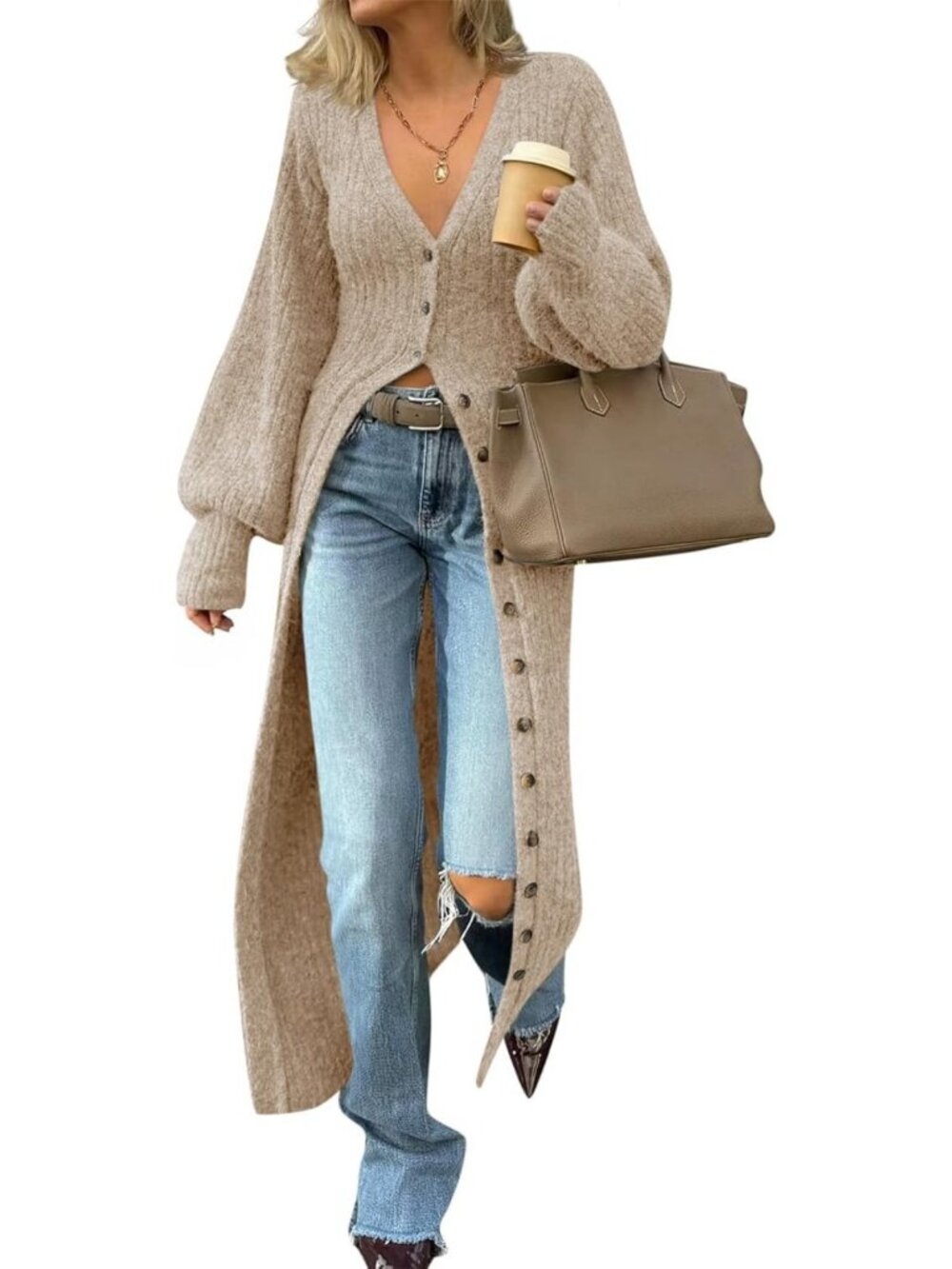 Chic Women's Long Duster Cardigan Maxi Sweater Dress with Button Details
